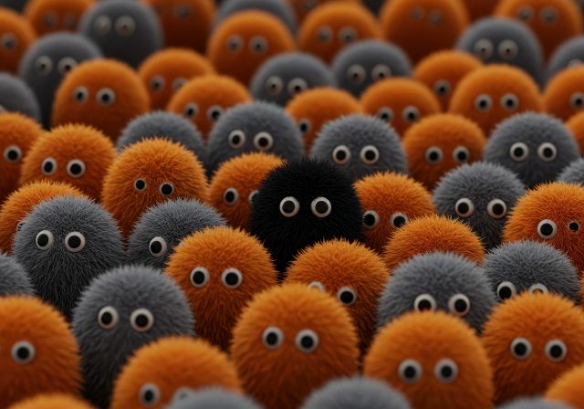 Orange and gray fluffy cartoon creatures with one black character standing out from the crowd