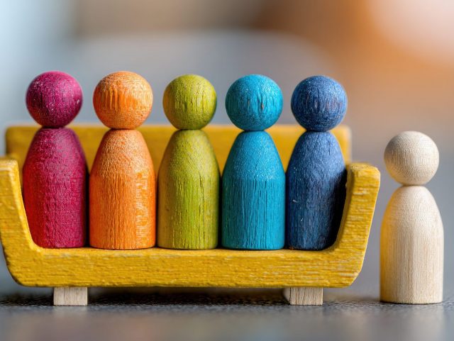 Wooden figures on a couch with one outsider representing social dynamics and inclusion.