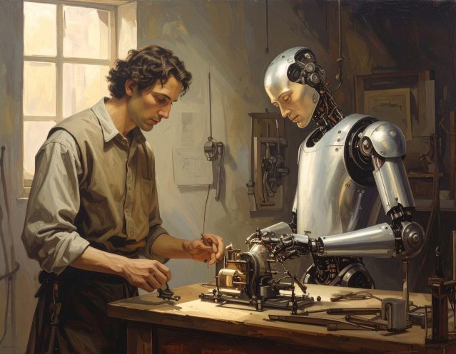 Firefly_Generate a painting that depicts collborating with machines (AI) make it in the style 583761